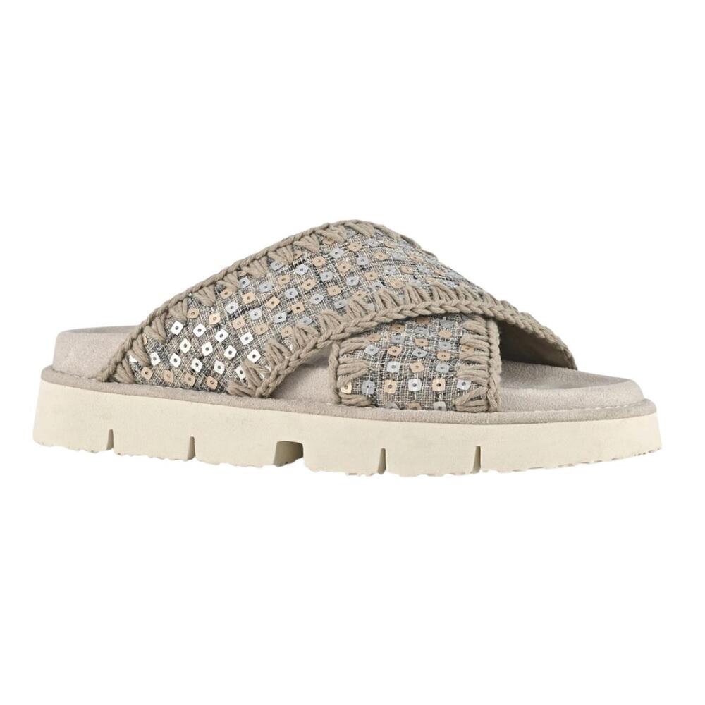 NEW MOU women's criss-cross bio denim and sequins sandals in gold